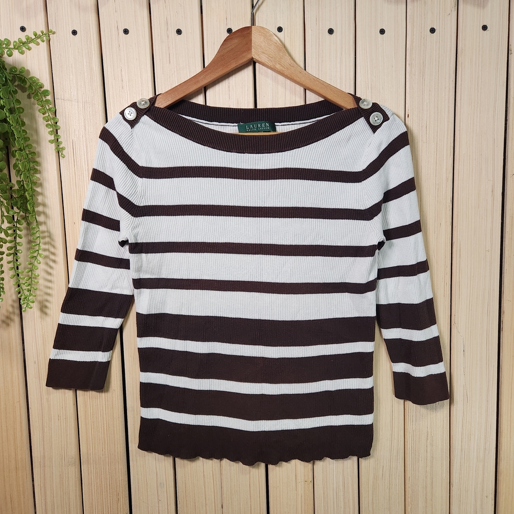 Ralph Lauren Top Brown and White Striped. 3/4 Sleeve